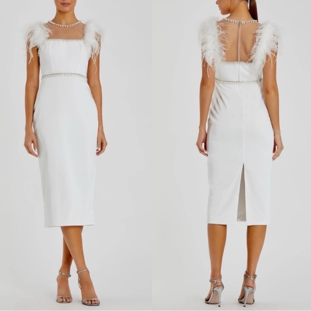 NWT Mac Duggal 11438 White Feather Cap Sleeve Pearl Embellish Tea Length Dress